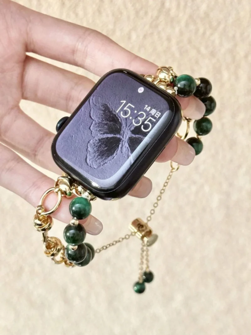 Apple watch band - Luxury Dark Green Bead & Tiger Eye Apple Watch Bracelet – Elegant Metal Band for 42mm - 45mm - Image 7