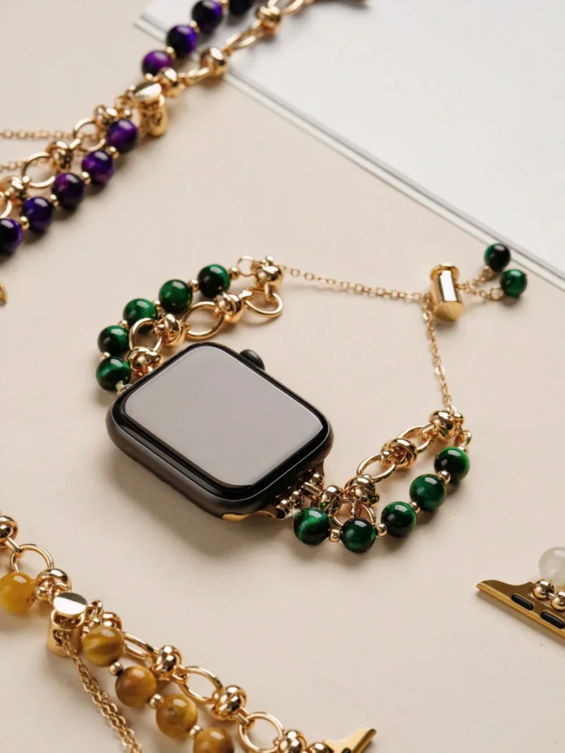 Apple watch band - Luxury Dark Green Bead & Tiger Eye Apple Watch Bracelet – Elegant Metal Band for 42mm - 45mm - Image 3