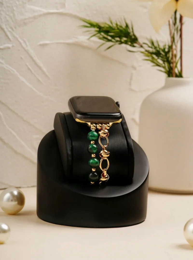 Apple watch band - Luxury Dark Green Bead & Tiger Eye Apple Watch Bracelet – Elegant Metal Band for 42mm - 45mm - Image 4