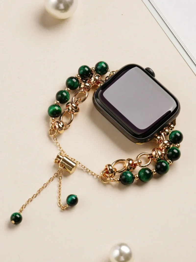 Apple watch band - Luxury Dark Green Bead & Tiger Eye Apple Watch Bracelet – Elegant Metal Band for 42mm - 45mm - Image 5