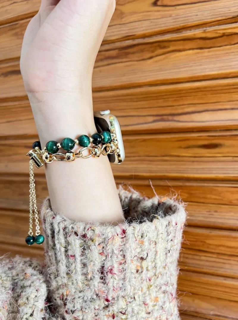 Apple watch band - Luxury Dark Green Bead & Tiger Eye Apple Watch Bracelet – Elegant Metal Band for 42mm - 45mm - Image 6